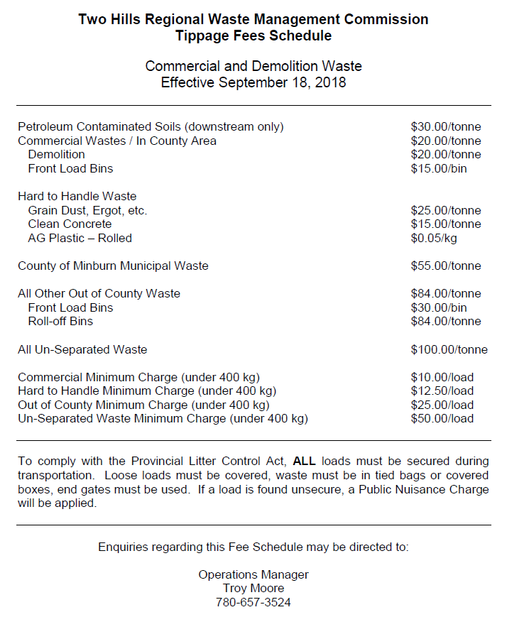 County of Two Hills Tippage Fee Schedule